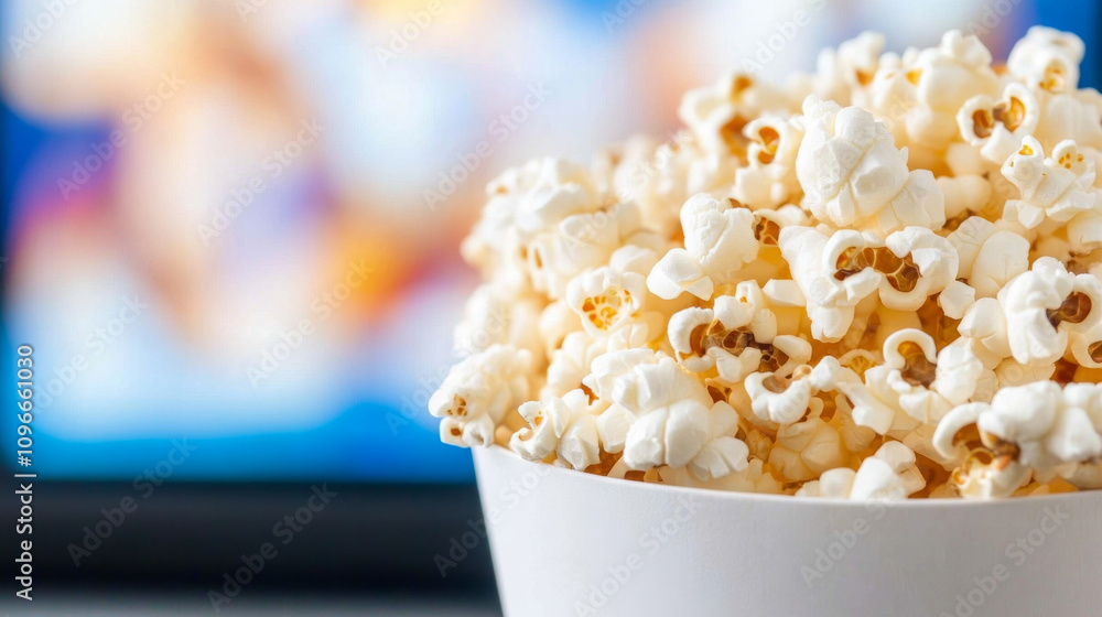 Popcorn in paper bucket on table with blurred TV screen in background, weekend home party Popcorn in paper bucket on table with blurred TV screen in background, weekend home party