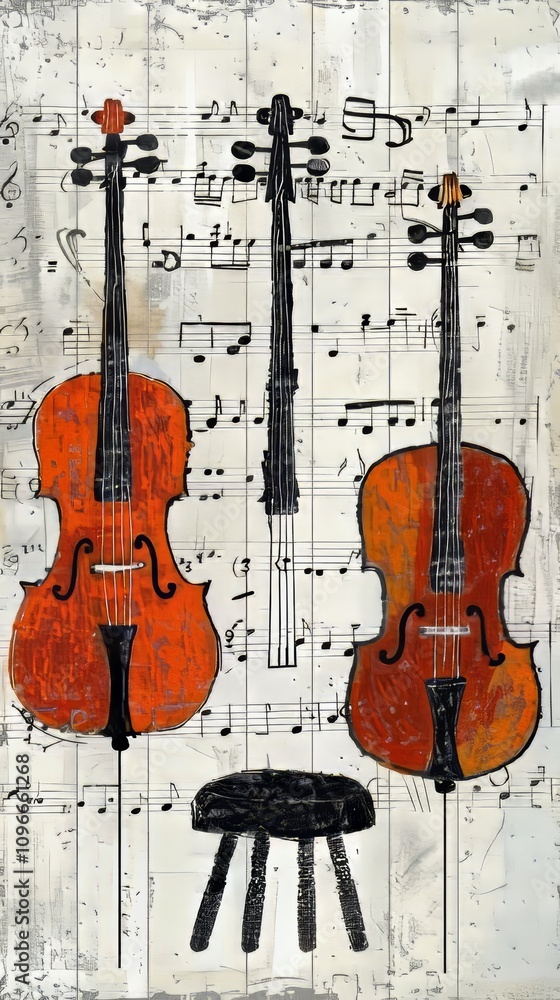 Naklejka premium Musical arrangement of two violins and sheet music, classic instruments with notes, artistic performance concept