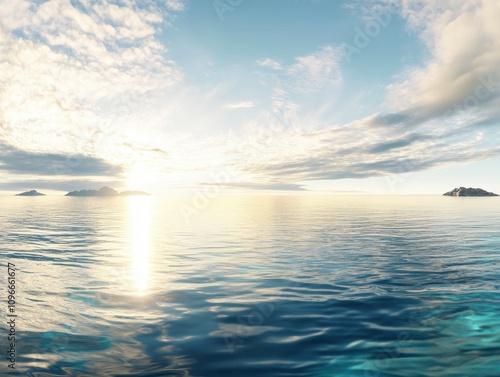 Serene Sunrise Over the Ocean; Islands and Cloudscape