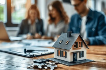 Real estate agent with couple signing documents for new home purchase, close-up of house model and keys on table, background of happy clients and mortgage agreement in office
