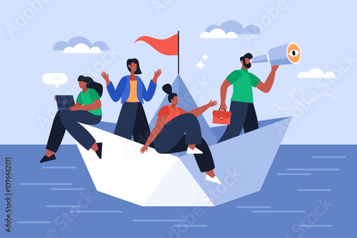 Leadership and  teamwork business concept. Modern vector illustration of people team sailing in paper boat and searching for solutions