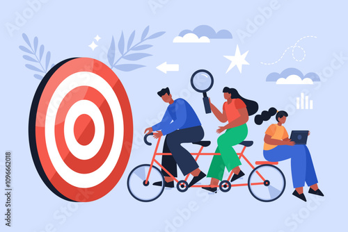 Leadership and  teamwork business concept. Modern vector illustration of people riding bicycle to achieve target and success