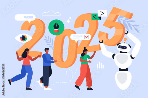 New Year 2025 trends, plans and growth business concept.  Modern vector illustration of people analyzing trends and using AI technology