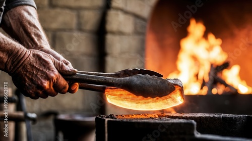 Close-up of hands using tongs to shape glowing metal in traditional forge with intense flames photo