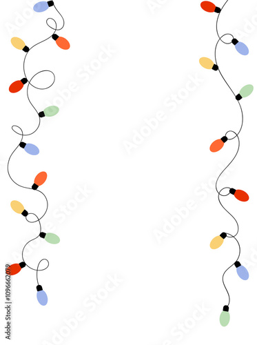 Curvy strings of Christmas garland lights on vertical white background. Celebration vector template with empty space for text.