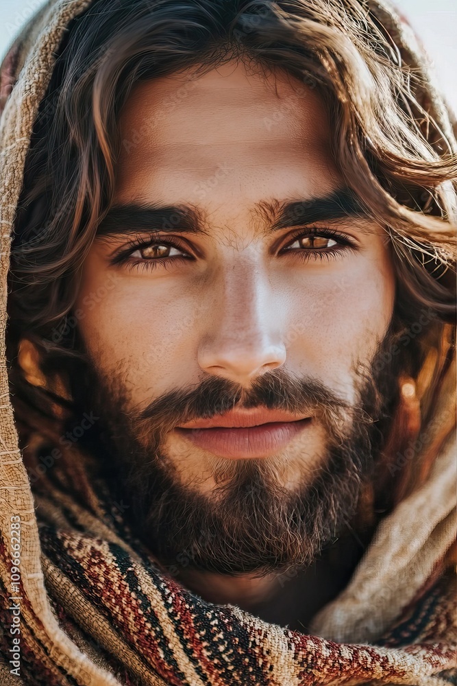 This artwork showcases a striking representation of Jesus, encouraging viewers to embrace his teachings through emotional complexity This artwork showcases a striking representation of Jesus, encouraging viewers to embrace his teachings through emotional complexity