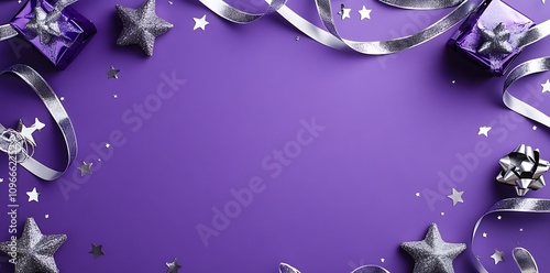 Purple Background with Silver Ribbons and Stars, Flat Lay Top-Down View, Elegant and Festive Design, Perfect for Special Occasion Celebrations