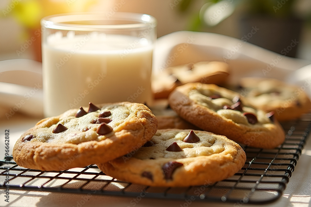 Warm chocolate chip cookies cooling on a rack with a glass of milk in sunlight. Concept: comfort food, indulgence Warm chocolate chip cookies cooling on a rack with a glass of milk in sunlight. Concept: comfort food, indulgence