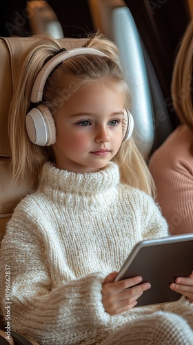 A cheerful girl with blond hair in a ponytail eagerly interacts with her tablet while seated in an airplane cabin beside a woman