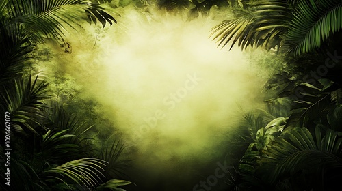 A vibrant background of dense foliage and softly glowing light, evoking charm and serenity.