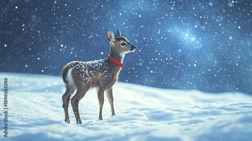 A fawn stands in snowy landscape wearing a red collar, snowflakes falling. A fawn stands in snowy landscape wearing a red collar, snowflakes falling.