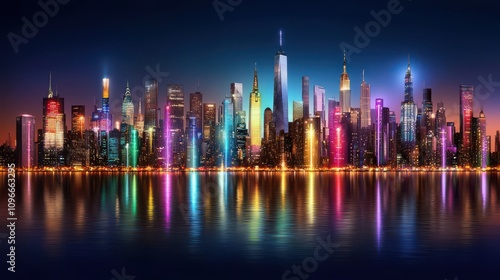 Vibrant City Skyline Illuminated at Blue Hour with Renewable Energy