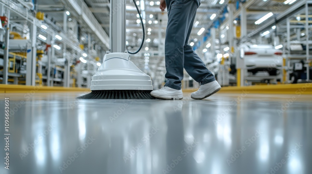 Obraz premium Sleek Cleaning Machine in Large Factory Floor Space for Maintenance