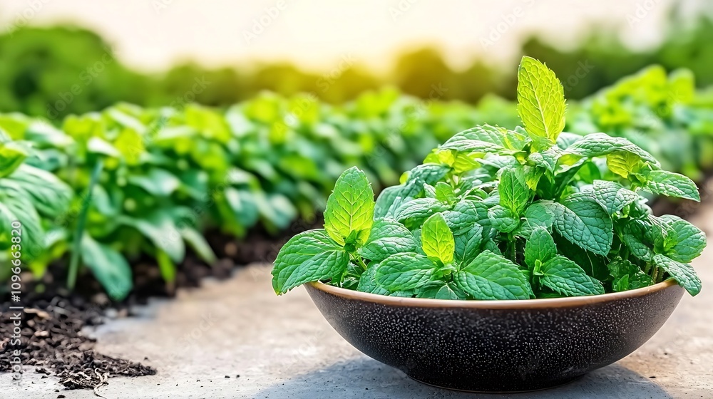 Vibrant Peppermint Leaves Styled in a Rustic Bowl with Flourishing Garden Vibrant Peppermint Leaves Styled in a Rustic Bowl with Flourishing Garden