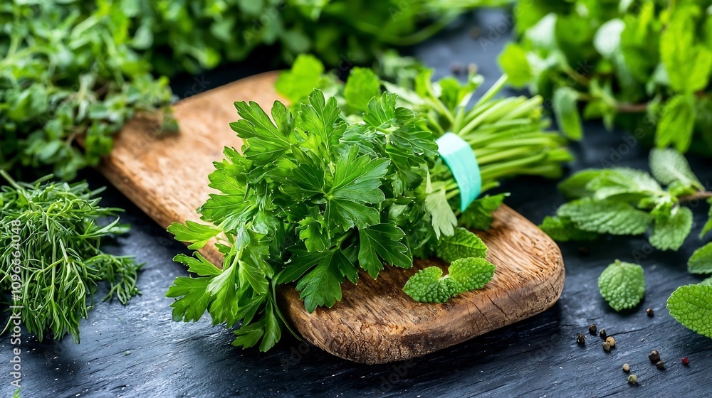 Delicate Chervil Sprig on Rustic Wooden Board with Surrounding Herbs Delicate Chervil Sprig on Rustic Wooden Board with Surrounding Herbs