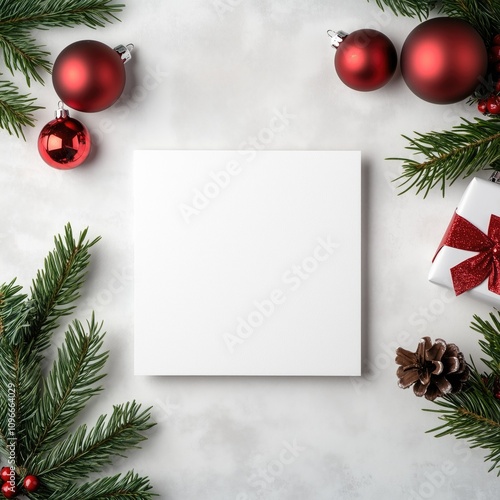 A white box with a red ribbon sits on a table next to a Christmas tree and a bunch of red and silver Christmas ornaments
