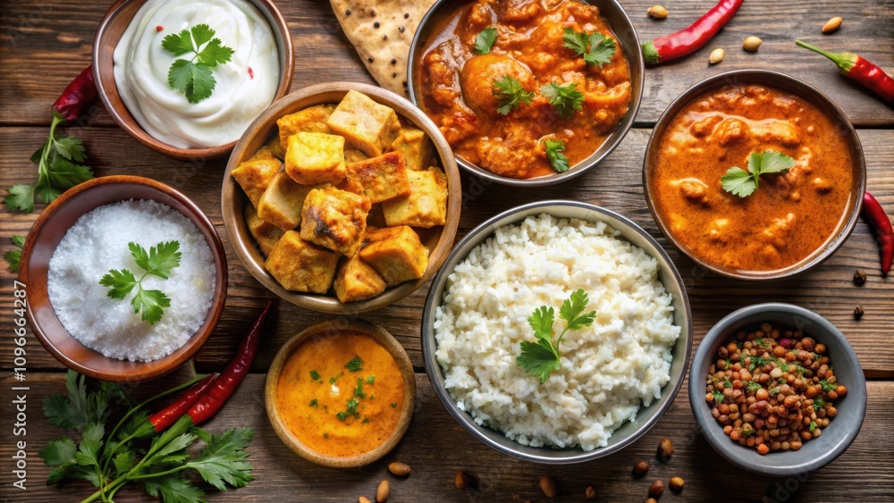 Aromatic Curry Dishes with Rice, Vegetables, and Spices on a Wooden Table Aromatic Curry Dishes with Rice, Vegetables, and Spices on a Wooden Table