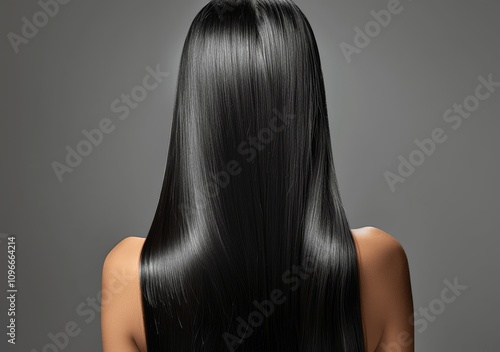 Beautiful Woman with Long Shiny Black Hair Back View Healthy Straight Haircare Concept