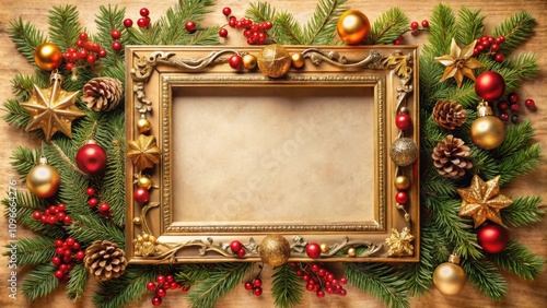 A Rustic Gold Picture Frame Adorned with Festive Evergreens, Shiny Ornaments, and Holly Berries