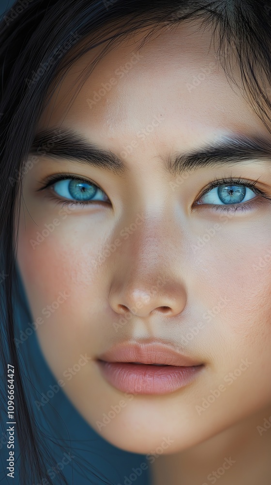 Fototapeta premium Closeup of woman's face with striking blue eyes, smooth skin, and natural beauty, detailed features, aesthetic portrait concept