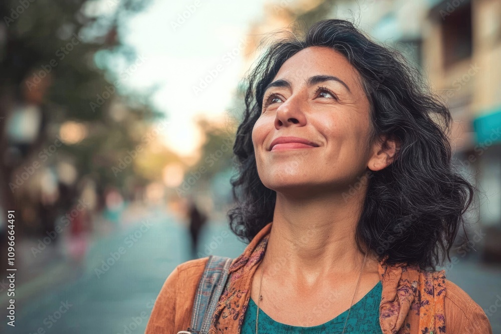 Confident Hispanic woman smiling and looking at sky on street. Confident Hispanic woman smiling and looking at sky on street.