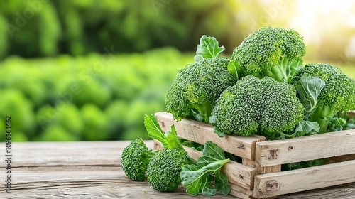 Freshly Harvested Broccoli Resting in Rustic Wooden Crate with Broccoli Field Background