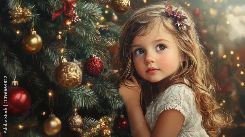 Portrait of a cute little girl decorate the Christmas tree. Christmas tree at home.
Portrait of a cute little girl decorate the Christmas tree. Christmas tree at home.