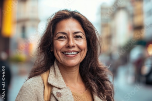 Confident middle aged Hispanic woman smiling on street.