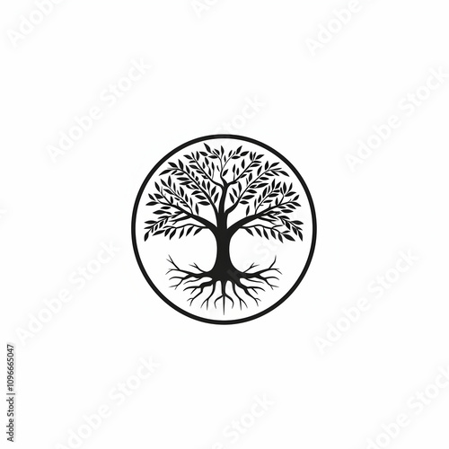 Logo of a tree with roots, vector illustration using simple shapes, on a white background, with a black logo