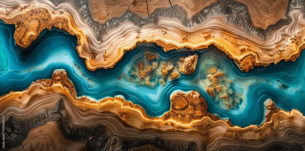 Top Down Aerial View of Stunning Turquoise and Brown Resin River on Cracked Wood Grain Texture Top Down Aerial View of Stunning Turquoise and Brown Resin River on Cracked Wood Grain Texture