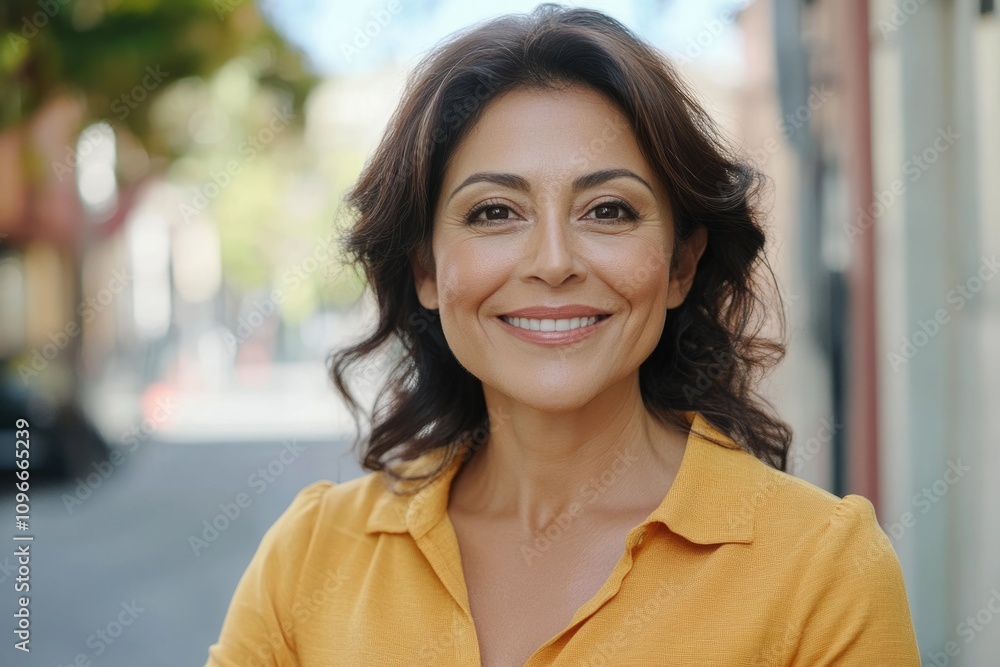 Confident middle aged Hispanic woman smiling on street. Confident middle aged Hispanic woman smiling on street.