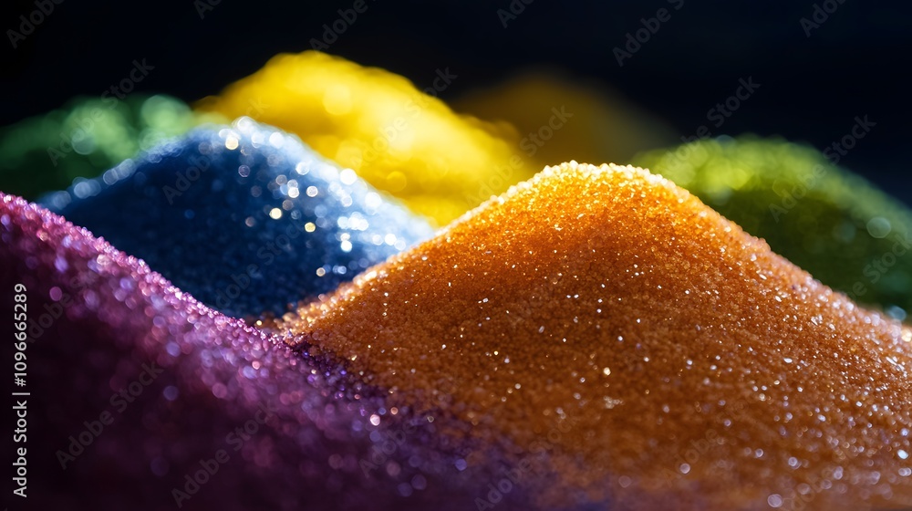 A close-up view of colorful chemical powders, the fine texture of each pile illuminated softly, with light reflecting off the individual granules to highlight their vibrant hues. A close-up view of colorful chemical powders, the fine texture of each pile illuminated softly, with light reflecting off the individual granules to highlight their vibrant hues.
