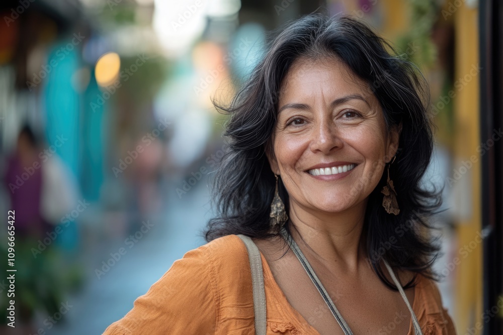 Obraz premium Confident middle aged Hispanic woman smiling on street.