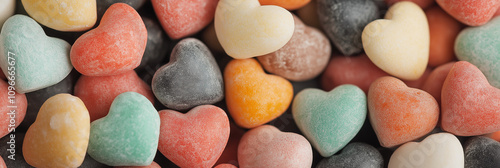 Close-up view of an assortment of colorful heart-shaped candies, illustrating sweetness and variety reminiscent of childhood joy and colorful imagination. photo