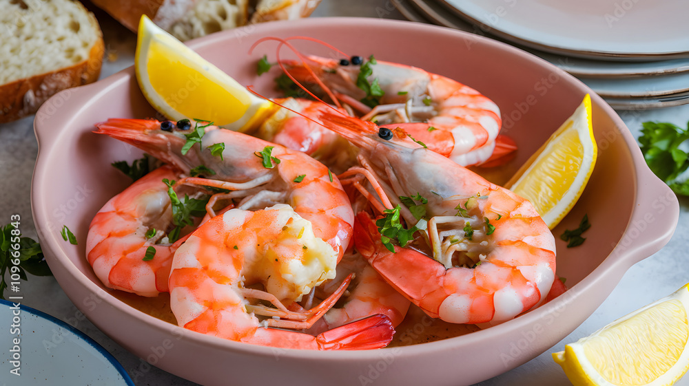 close-up of succulent shrimp scampi and lemon served in a pink ceramic bow close-up of succulent shrimp scampi and lemon served in a pink ceramic bow