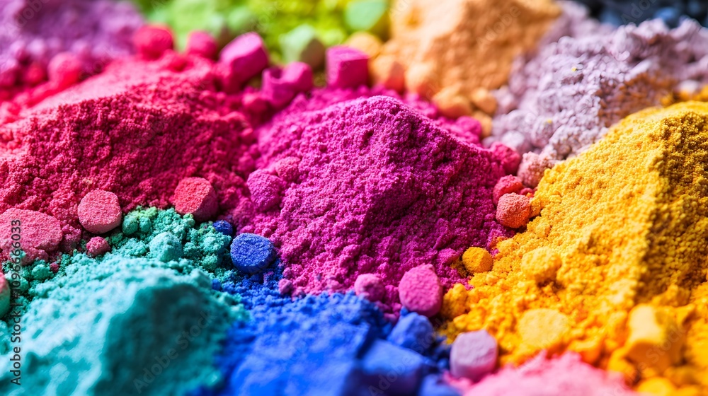 Fototapeta premium Bright chemical powders in vivid colors, their granular texture captured in a macro view that showcases the intricate details and soft light reflections off each individual granule.