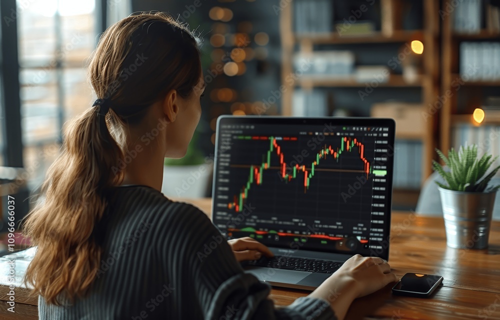 Woman Trading Stocks and Cryptocurrency on Laptop with Financial Charts and Trends Woman Trading Stocks and Cryptocurrency on Laptop with Financial Charts and Trends
