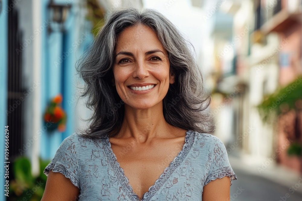 Confident middle aged Hispanic woman smiling on street. Confident middle aged Hispanic woman smiling on street.