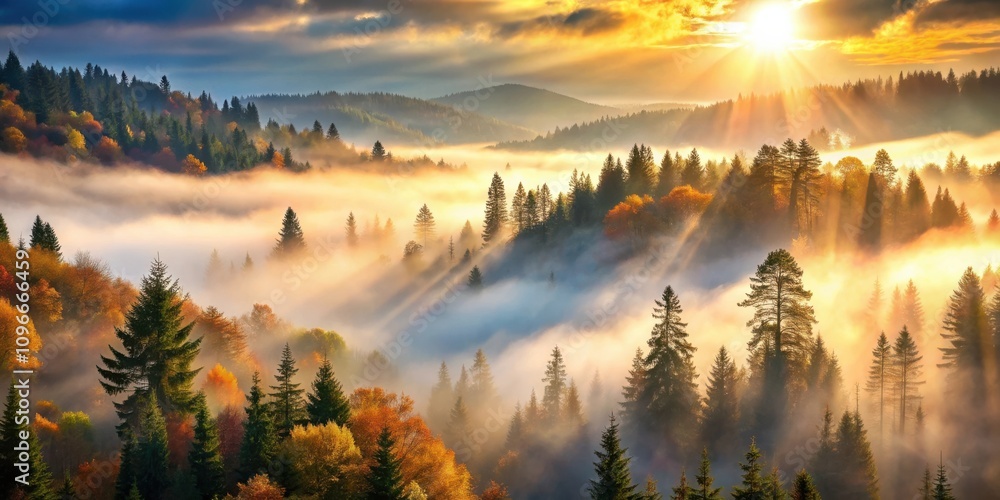 A Golden Sunrise Bathes the Mountains in a Mystical Fog, Casting Long Shadows Through the Dense Forest Canopy A Golden Sunrise Bathes the Mountains in a Mystical Fog, Casting Long Shadows Through the Dense Forest Canopy