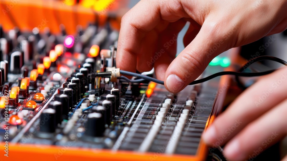 Close-Up of Hand Adjusting Knobs on Audio Mixing Console in Studio