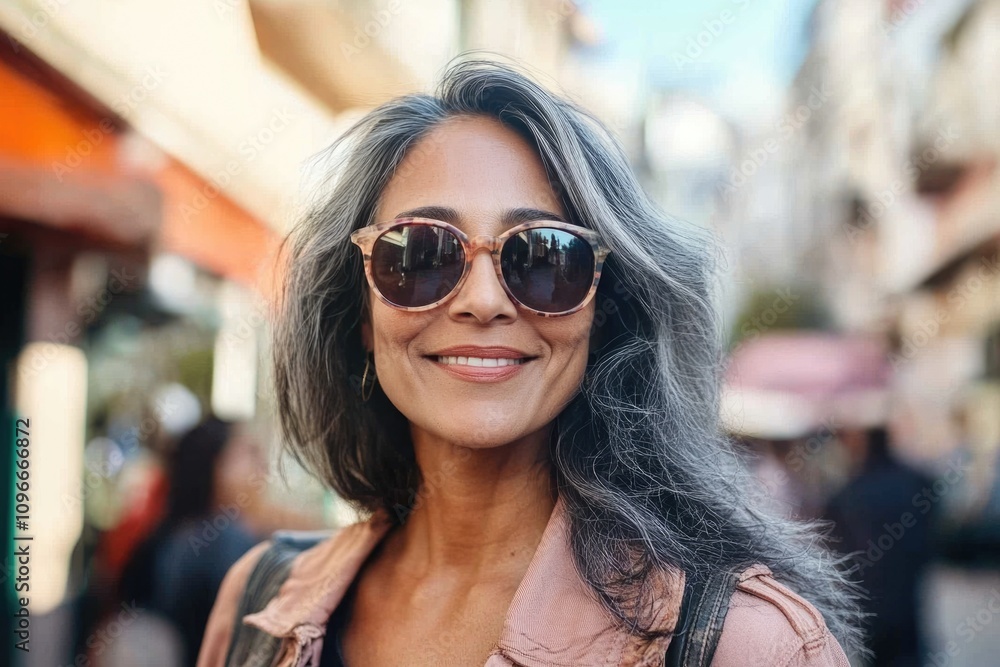Confident Hispanic woman in sunglasses on city street.