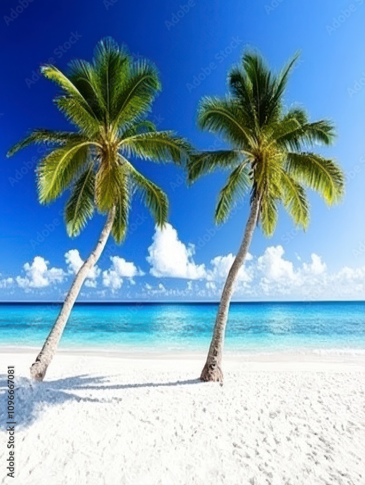 Naklejka premium Tropical Paradise Beach Scene: Pristine White Sand and Majestic Palm Trees Under a Clear Blue Sky