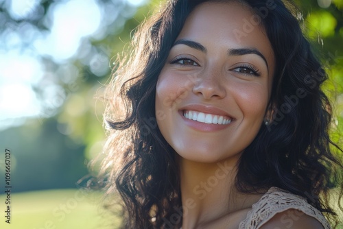 Happy confident middle aged Hispanic woman outdoors on sunny day.