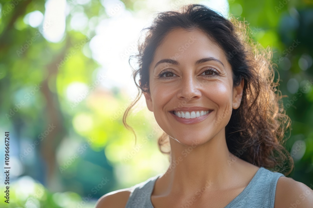 Happy confident middle aged Hispanic woman outdoors on sunny day. Happy confident middle aged Hispanic woman outdoors on sunny day.