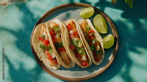 Wallpaper Mural Three flavorful fish tacos presented on a stylish plate with fresh toppings like cilantro, tomato, and lime slices, perfect for a vibrant, zesty meal. Torontodigital.ca