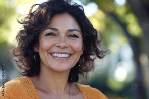 Happy confident middle aged Hispanic woman outdoors on sunny day.