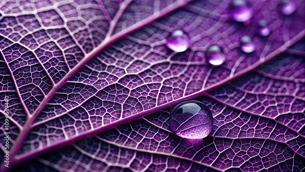 Fototapeta premium A delicate pattern of dripping water on a purple violet leaf, nature, macro, botanical, water, details