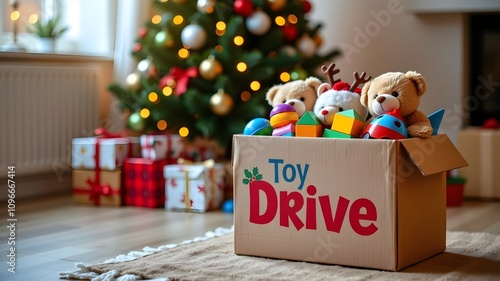 Festive toy drive donation box with stuffed animals and colorful toys near a decorated Christmas tree