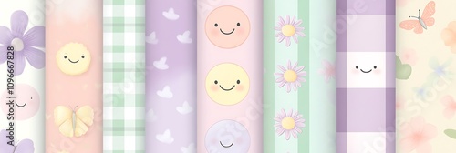 Pastel Smiley Faces, Flowers, and Checkered Squares Seamless Patterns, Soft Color Palette with Lavender, Mint Green, Blush Pink, Lilac, and Baby Blue