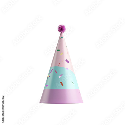 Colorful party hat with decorative elements, pink and light blue design, perfect for celebrations and festive occasions